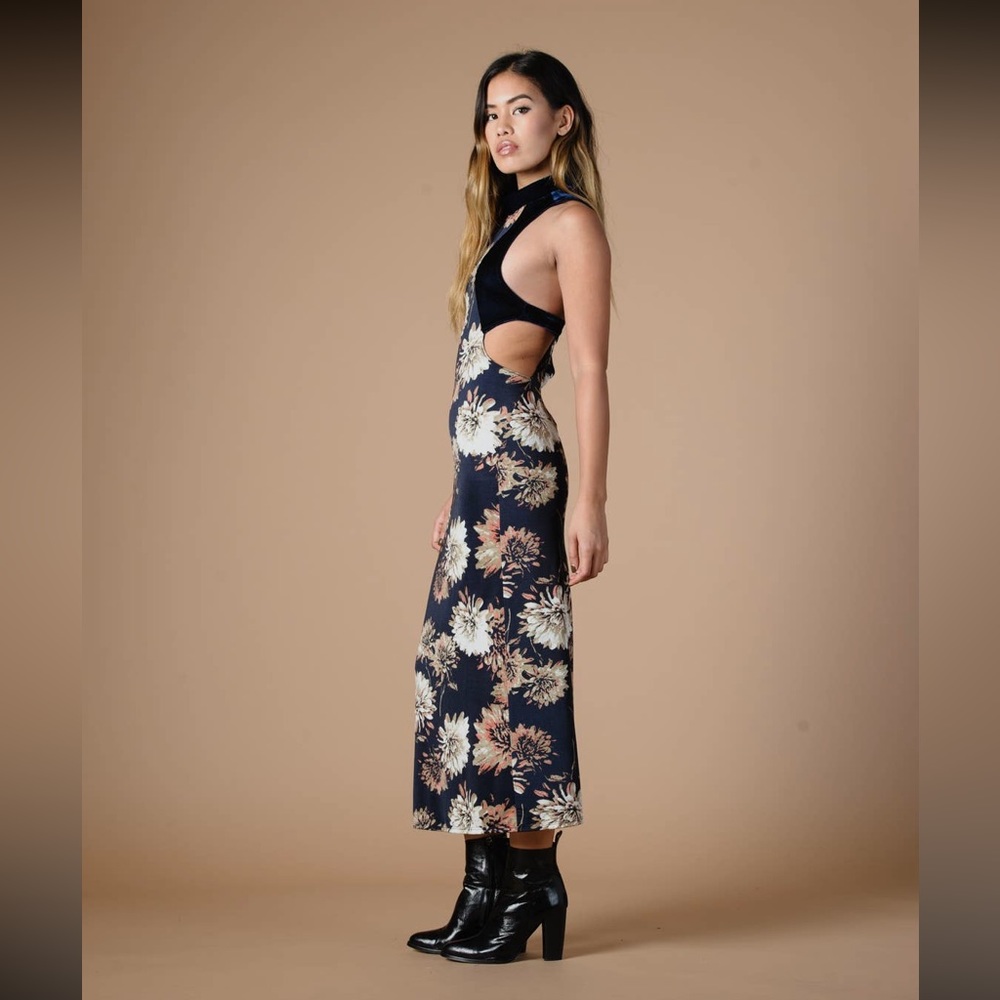 Lucca Couture Black Floral Midi Dress with Cream and Brown Blooms